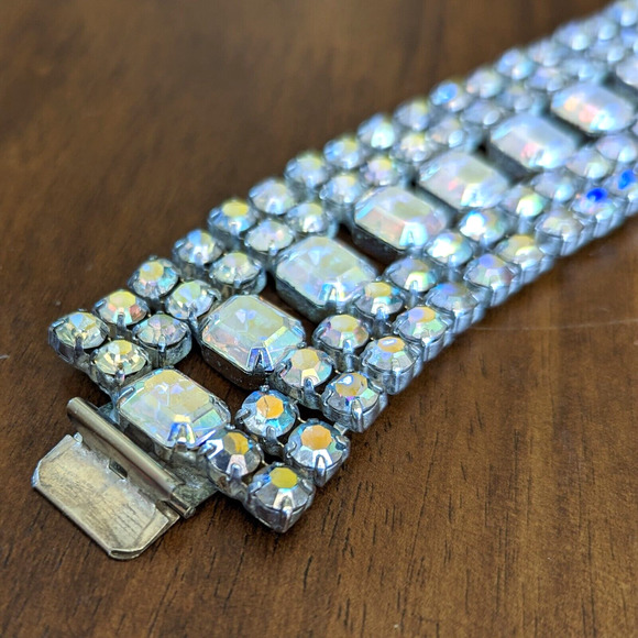 Aurora Borealis Clear Rhinestone Cuff Bracelet 5 Rows Statement Piece 60s 8.75" - Picture 9 of 13